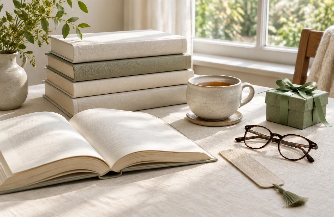 AI-created illustration · Not a photo of a specific product Books, reading glasses, bookmark and tea beside a small gift