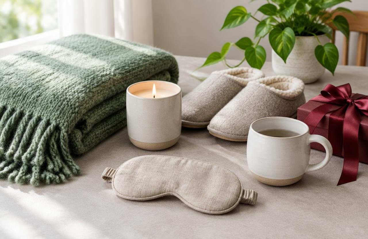 Soft knit throw, slippers, candle, eye mask and wrapped gift