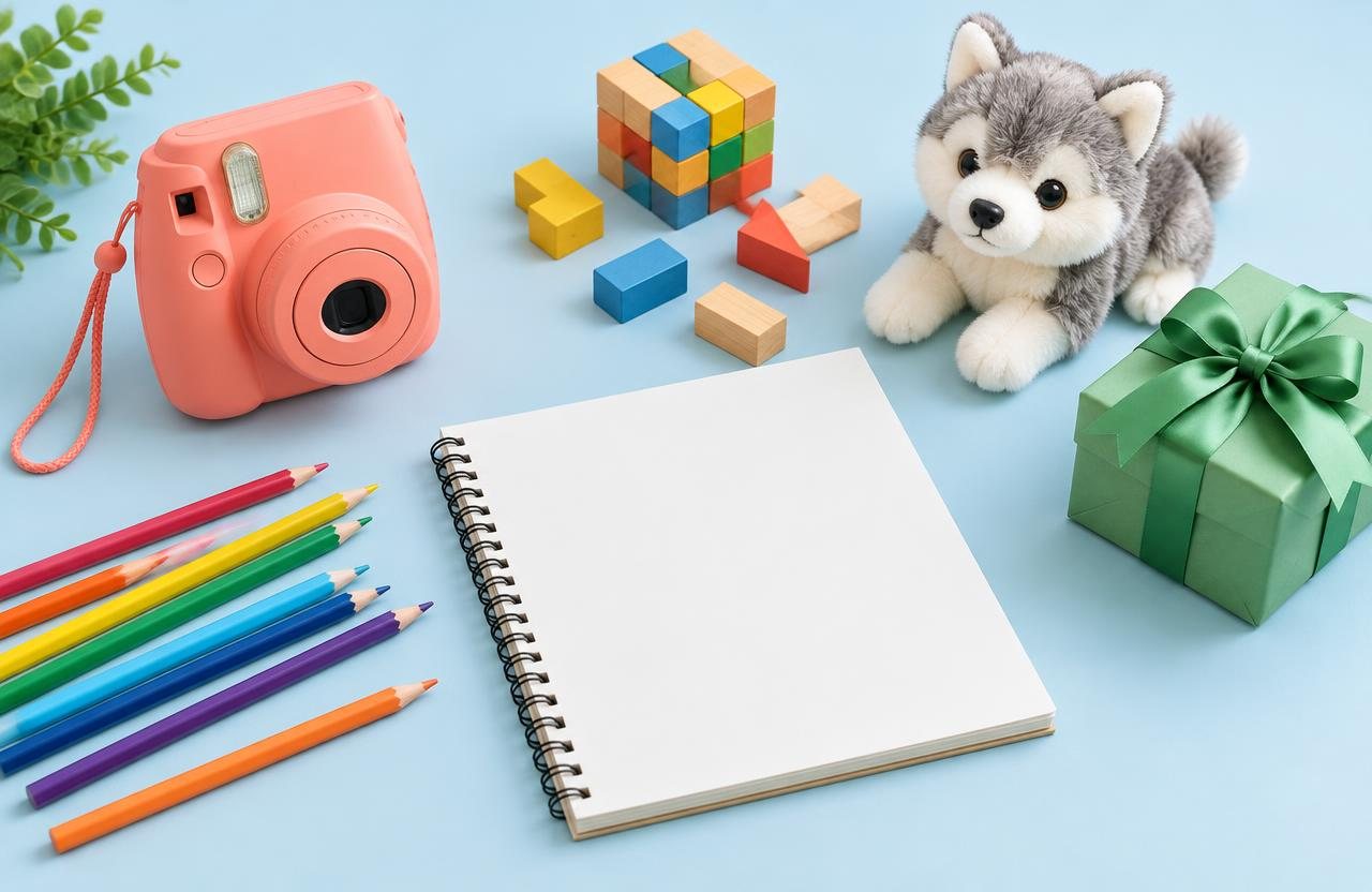 Instant camera, colored pencils, wooden puzzle and plush animal