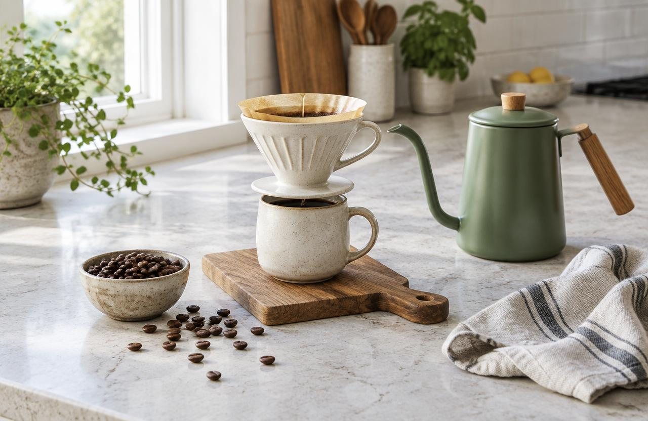 AI-created illustration · Not a photo of a specific product Ceramic coffee dripper and cup, coffee beans and linen towel