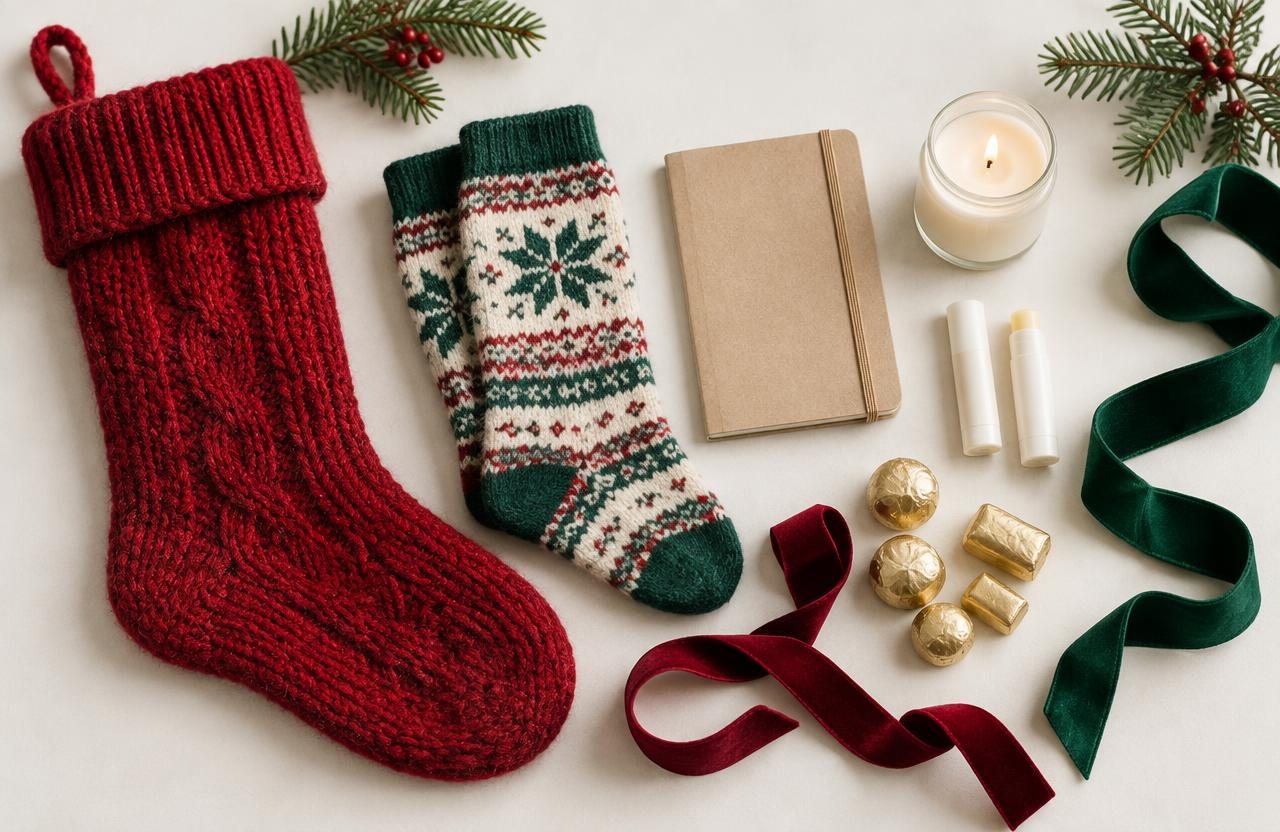 Knit stocking, wool socks, small candle and pocket notebook