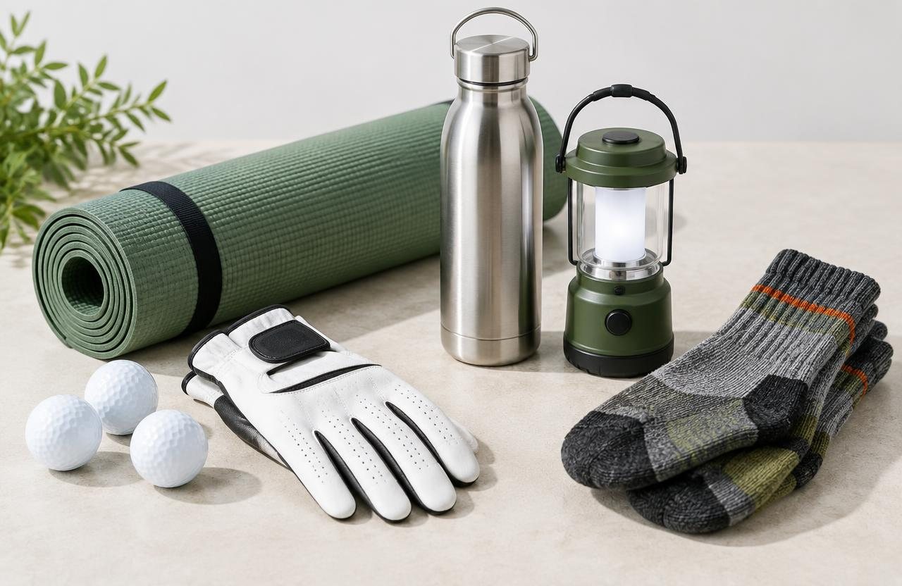 AI-created illustration · Not a photo of a specific product Golf balls, glove, exercise mat, water bottle and camping lantern
