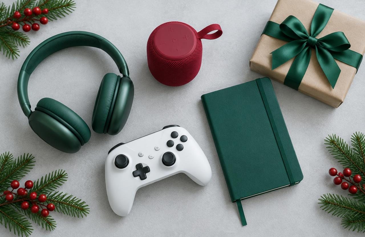 AI-created illustration · Not a photo of a specific product Headphones, game controller, speaker and ribbon-wrapped gift