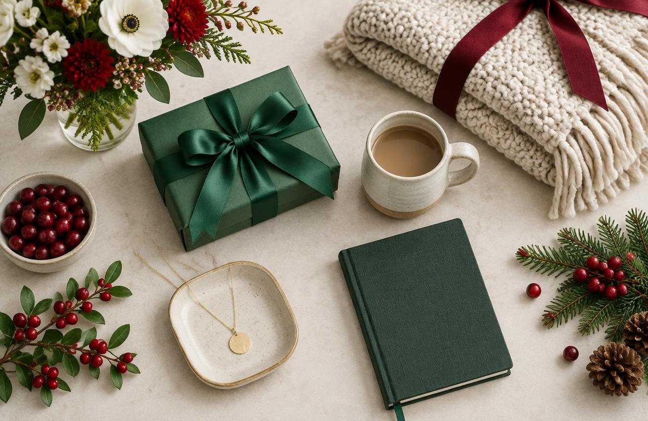 Wrapped green gift, knit throw, mug, journal and necklace
