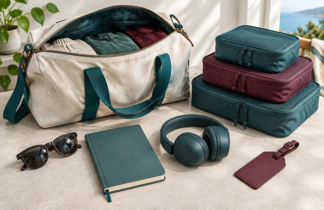 Weekend bag, packing cubes, headphones, journal and luggage tag